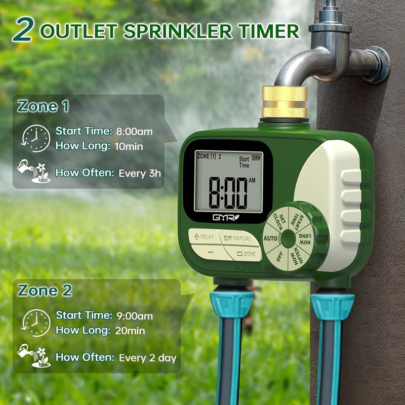 Gmr Hose Timers for Watering, Sprinkler Timer Outdoor with Brass Inlet, Water Timer for Garden Hose with Rain Delay/Manual/Auto Irrigation System, Programmable Garden Hose Timer for Yard, 2 Outlet - Image 3